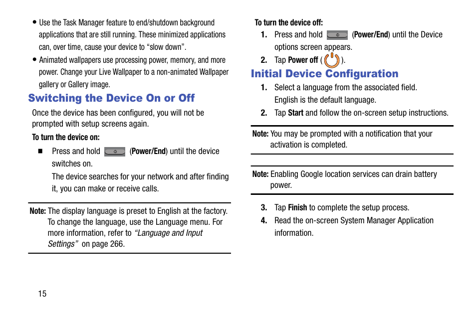 Switching the device on or off, Initial device configuration | Samsung SGH-T999ZAATMB User Manual | Page 22 / 351