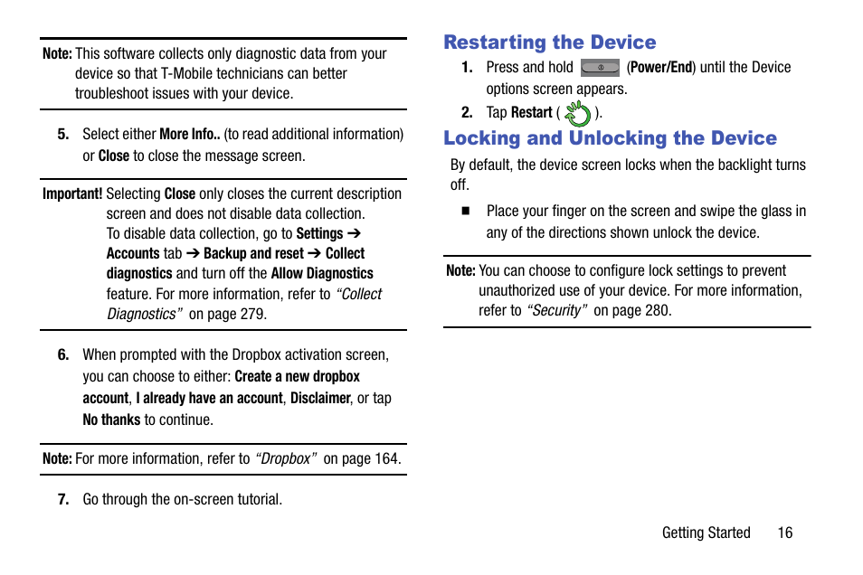 Restarting the device, Locking and unlocking the device | Samsung SGH-T999ZAATMB User Manual | Page 23 / 351
