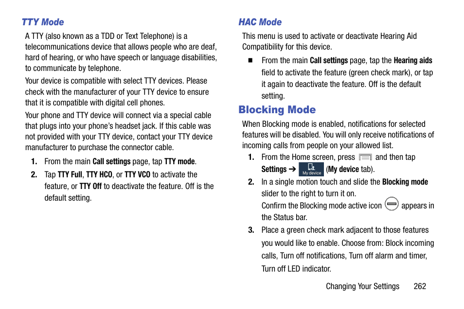 Blocking mode, Ttings. for more, For more information, refer to “hac mode” on | Samsung SGH-T999ZAATMB User Manual | Page 269 / 351