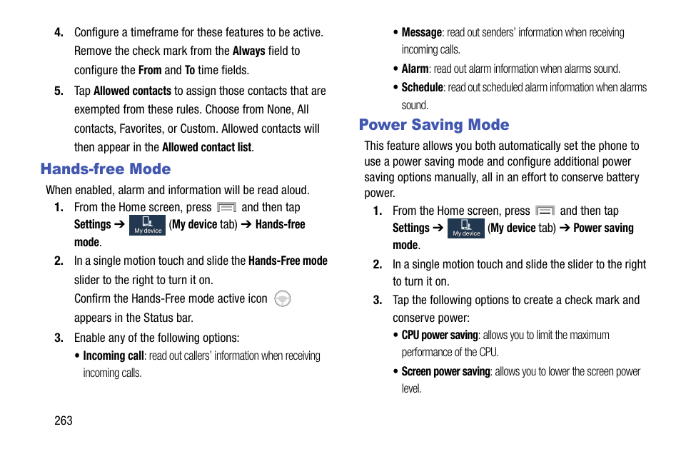 Hands-free mode, Power saving mode, Hands-free mode power saving mode | Samsung SGH-T999ZAATMB User Manual | Page 270 / 351