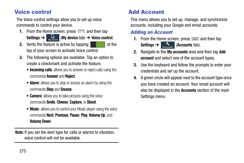 Voice control, Add account, Voice control add account | Samsung SGH-T999ZAATMB User Manual | Page 282 / 351