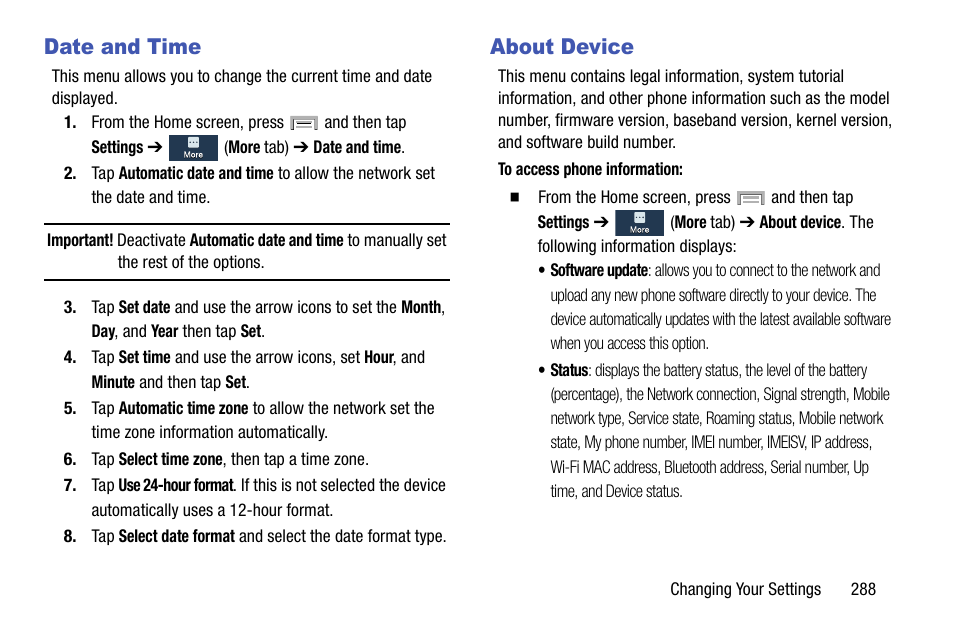 Date and time, About device, Date and time about device | Samsung SGH-T999ZAATMB User Manual | Page 295 / 351