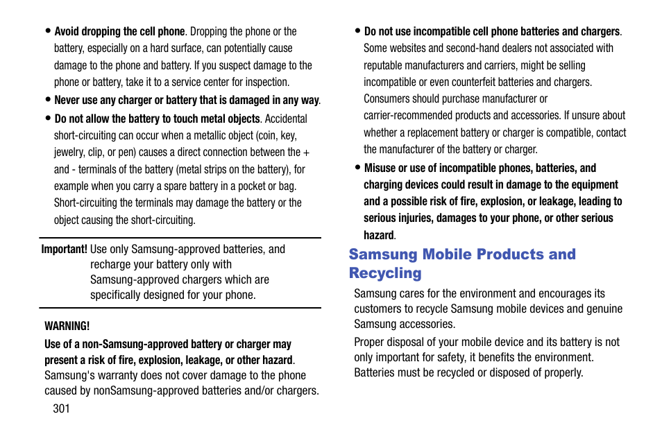 Samsung mobile products and recycling | Samsung SGH-T999ZAATMB User Manual | Page 308 / 351