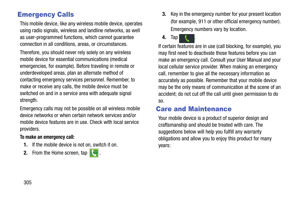 Emergency calls, Care and maintenance, Emergency calls care and maintenance | Samsung SGH-T999ZAATMB User Manual | Page 312 / 351