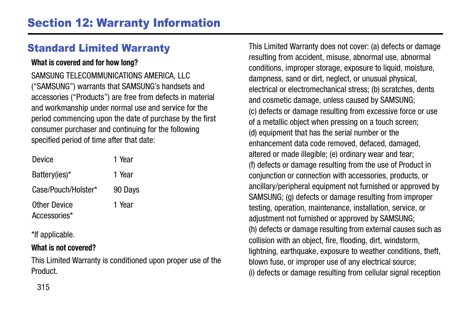 Section 12: warranty information, Standard limited warranty | Samsung SGH-T999ZAATMB User Manual | Page 322 / 351