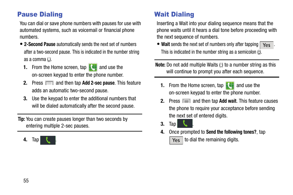 Pause dialing, Wait dialing | Samsung SGH-T999ZAATMB User Manual | Page 62 / 351