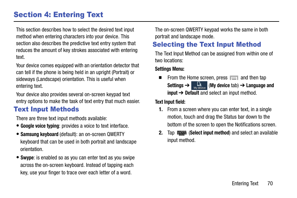 Section 4: entering text, Text input methods, Selecting the text input method | Text input methods selecting the text input method | Samsung SGH-T999ZAATMB User Manual | Page 77 / 351