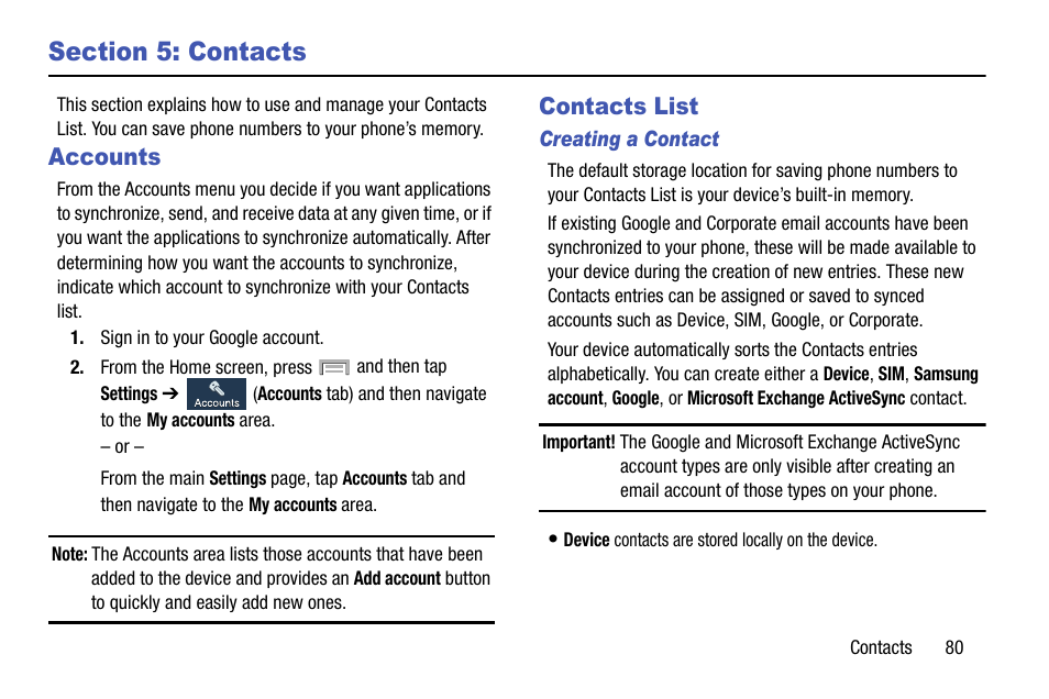 Section 5: contacts, Accounts, Contacts list | Accounts contacts list | Samsung SGH-T999ZAATMB User Manual | Page 87 / 351