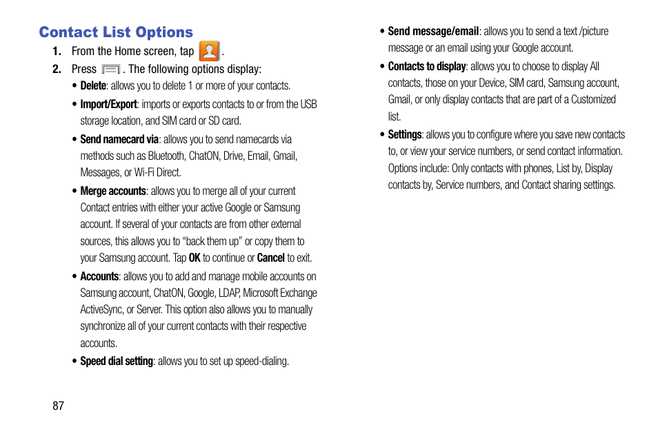 Contact list options | Samsung SGH-T999ZAATMB User Manual | Page 94 / 351