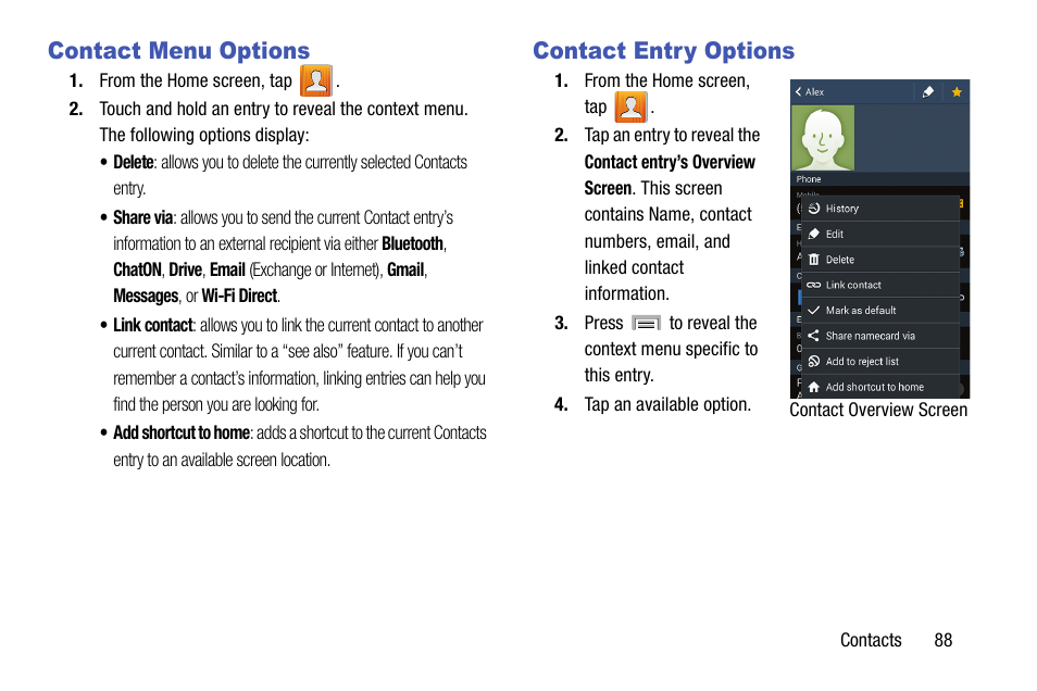 Contact menu options, Contact entry options, Contact menu options contact entry options | Samsung SGH-T999ZAATMB User Manual | Page 95 / 351