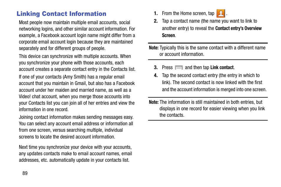 Linking contact information | Samsung SGH-T999ZAATMB User Manual | Page 96 / 351