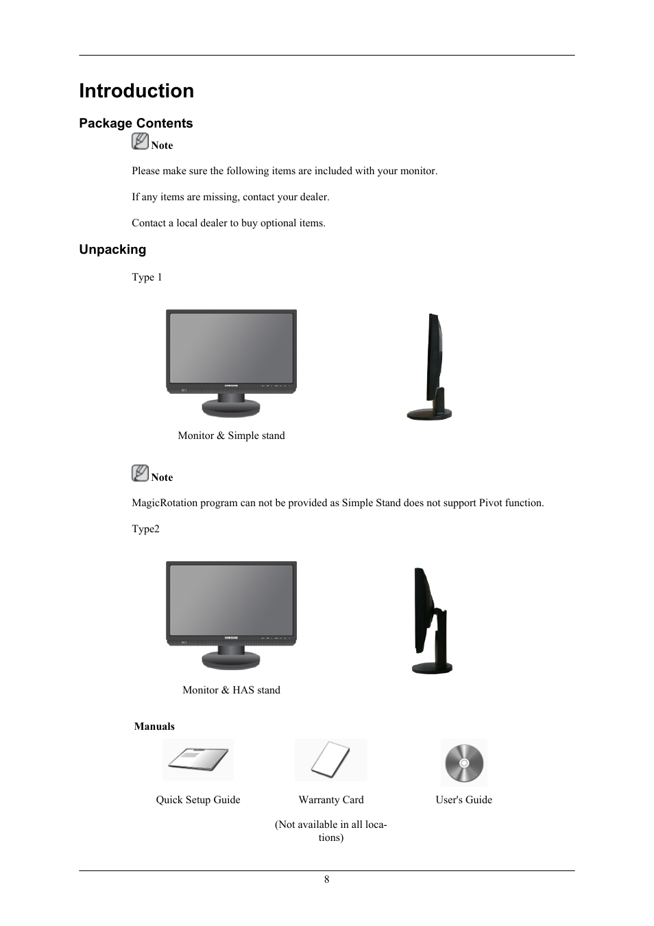 Introduction, Package contents, Unpacking | Samsung LS22MYMRBQ-XAA User Manual | Page 2 / 18