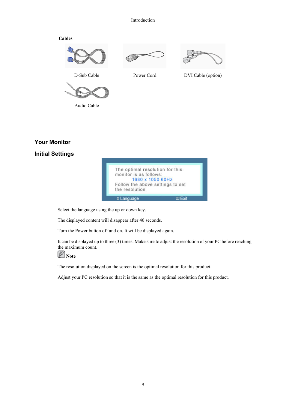 Your monitor, Initial settings | Samsung LS22MYMRBQ-XAA User Manual | Page 3 / 18