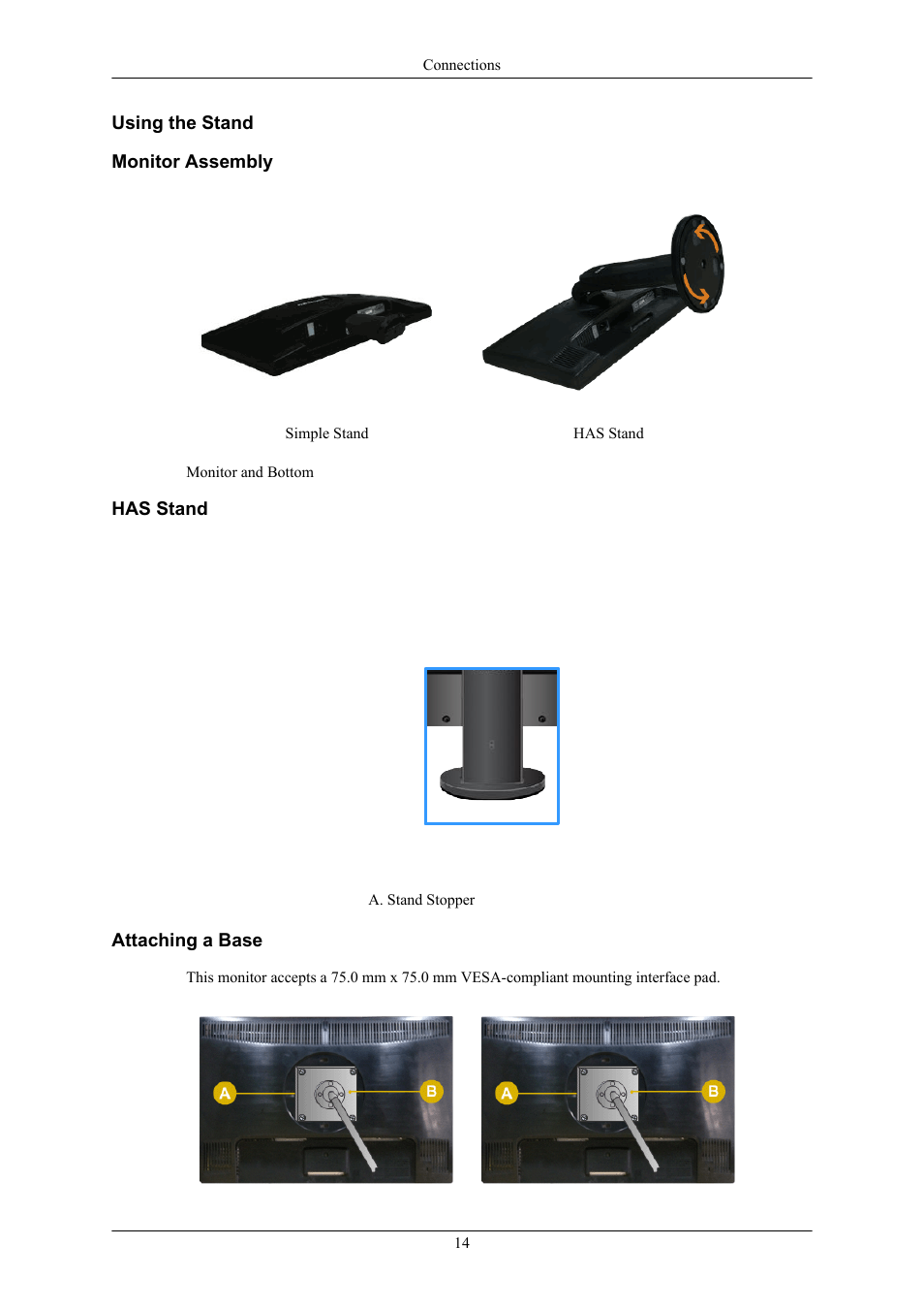 Using the stand, Monitor assembly, Has stand | Attaching a base | Samsung LS22MYMRBQ-XAA User Manual | Page 8 / 18