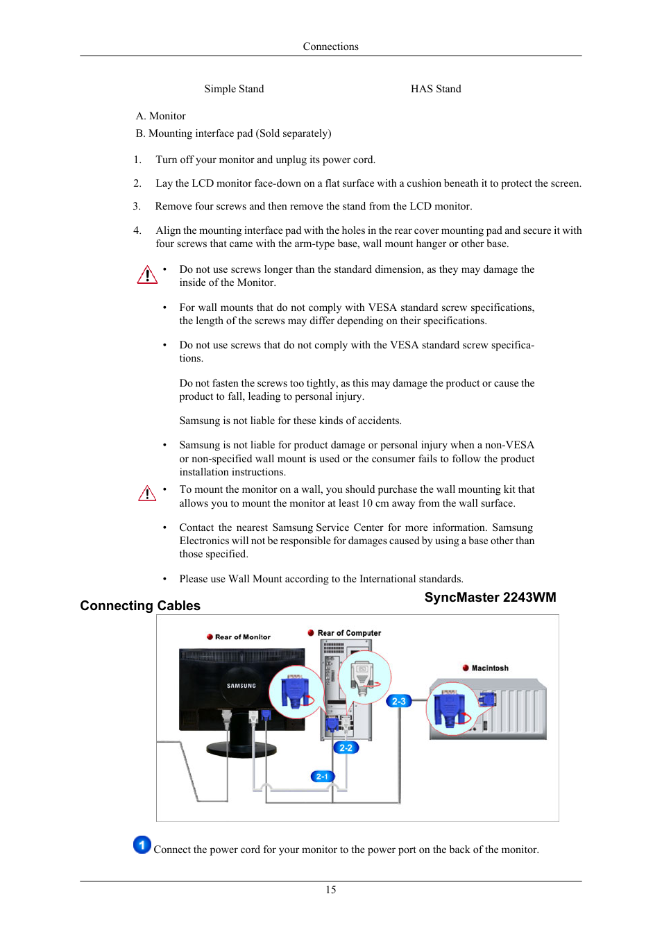 2243wm, Connecting cables | Samsung LS22MYMRBQ-XAA User Manual | Page 9 / 18