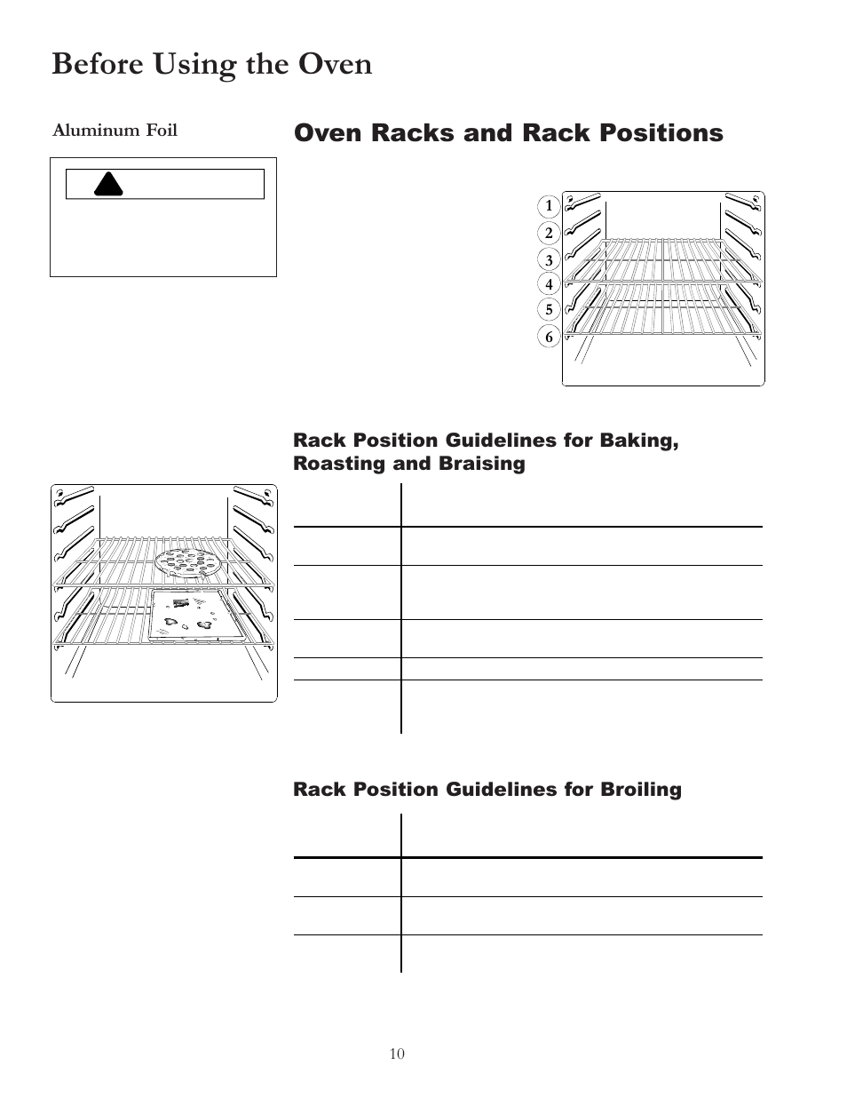 Before using the oven, Oven racks and rack positions, Warning | Aluminum foil | Amana Electric Smoothtop Range ACF4255A User Manual | Page 10 / 32