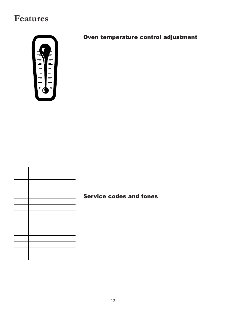 Features, Oven temperature control adjustment, Service codes and tones | Amana Electric Smoothtop Range ACF4255A User Manual | Page 12 / 32