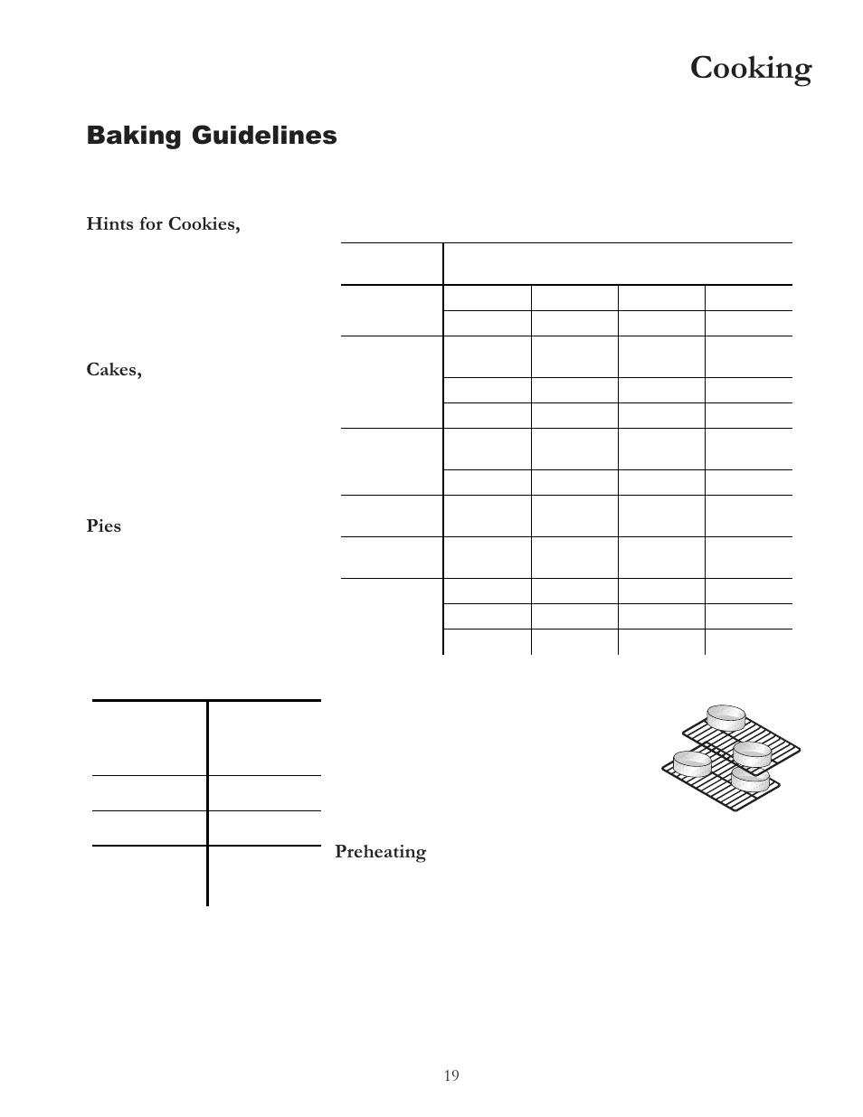 Cooking, Baking guidelines, Hints for cookies | Cakes, Pies, Preheating | Amana Electric Smoothtop Range ACF4255A User Manual | Page 19 / 32