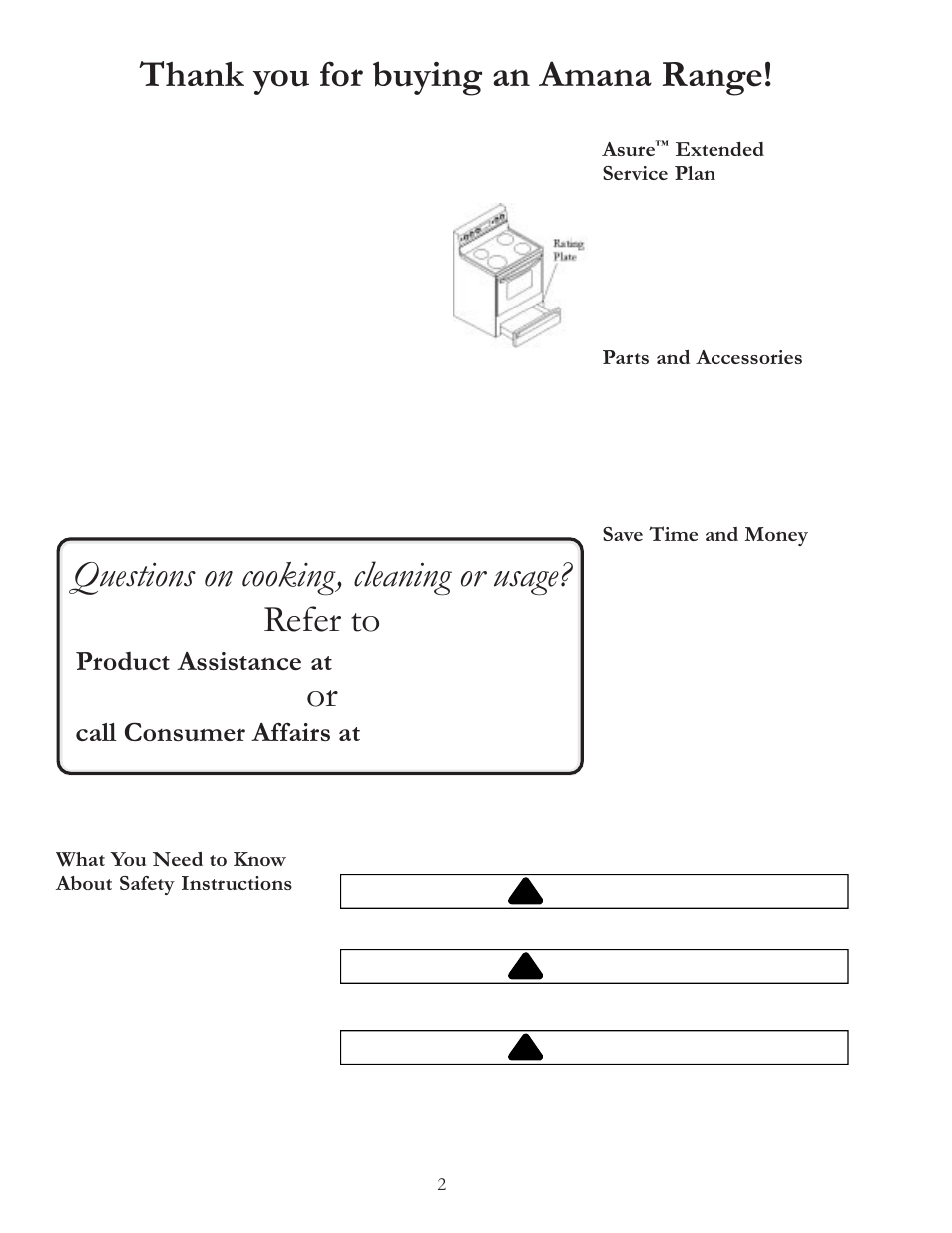 Product assistance at, Call consumer affairs at, Danger | Warning, Caution | Amana Electric Smoothtop Range ACF4255A User Manual | Page 2 / 32