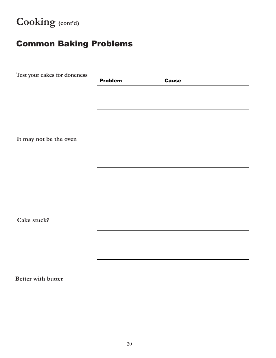 Cooking, Common baking problems, Contd) | Test your cakes for doneness, It may not be the oven, Cake stuck, Better with butter | Amana Electric Smoothtop Range ACF4255A User Manual | Page 20 / 32