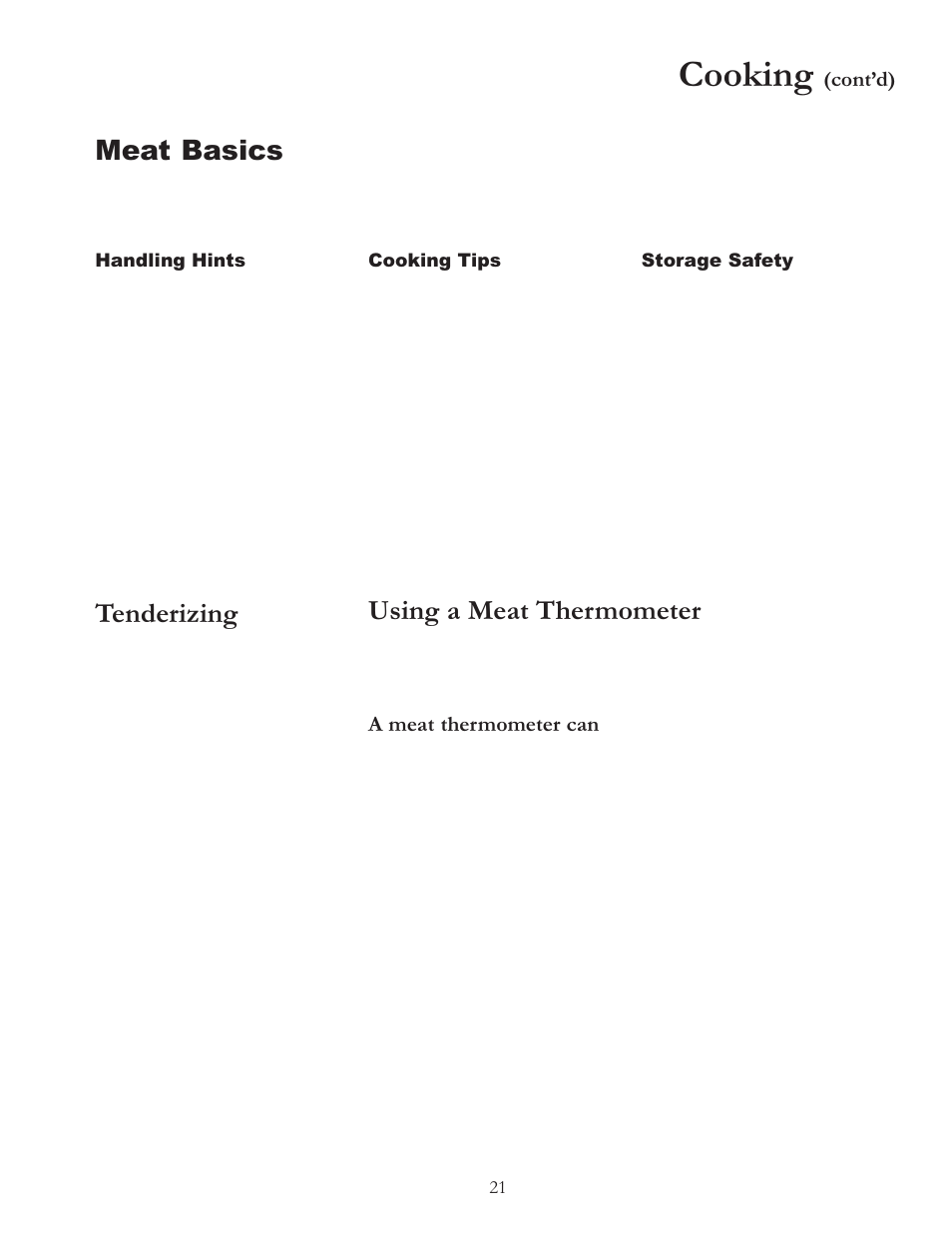 Cooking, Meat basics, Using a meat thermometer | Tenderizing, Contd), A meat thermometer can | Amana Electric Smoothtop Range ACF4255A User Manual | Page 21 / 32