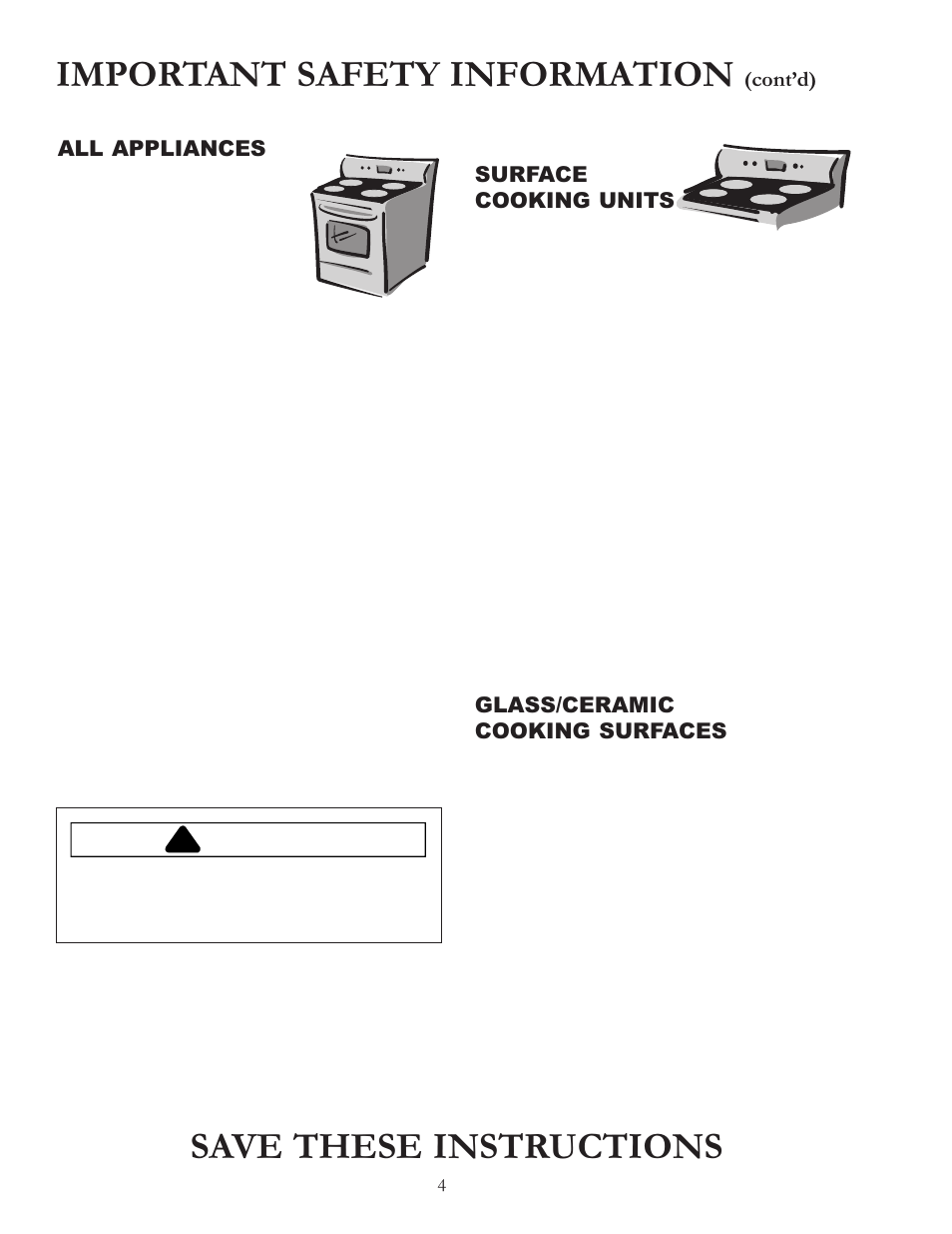 Important safety information, Save these instructions, Caution | Amana Electric Smoothtop Range ACF4255A User Manual | Page 4 / 32