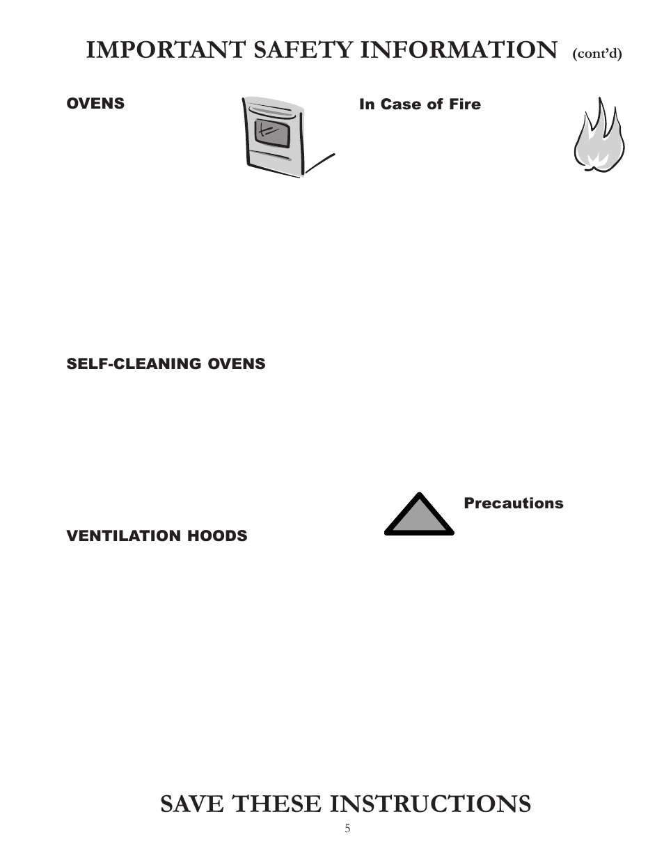 Important safety information, Save these instructions, Ovens | Self-cleaning ovens, Ventilation hoods, Contd), Precautions | Amana Electric Smoothtop Range ACF4255A User Manual | Page 5 / 32