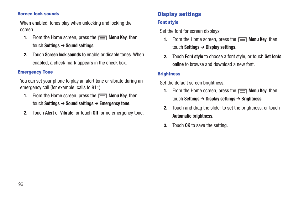 Display settings | Samsung SCH-S720ZKATFN User Manual | Page 100 / 137