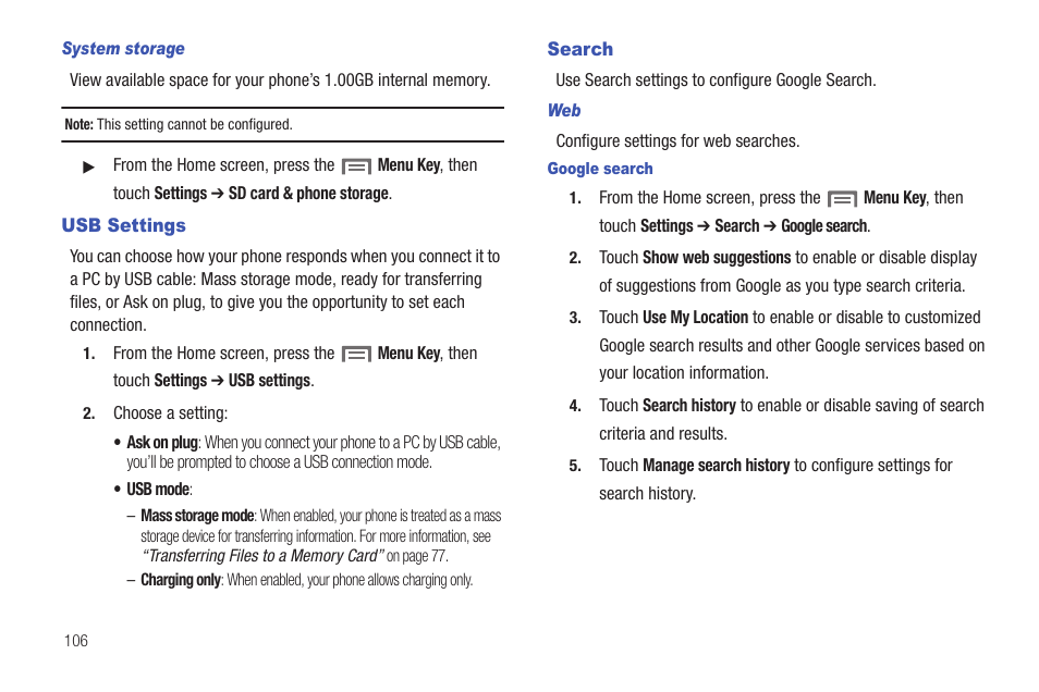Usb settings, Search, Usb settings search | Samsung SCH-S720ZKATFN User Manual | Page 110 / 137