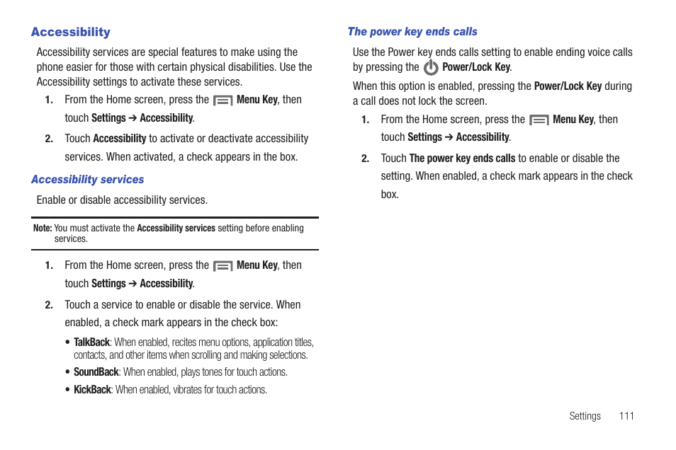 Accessibility | Samsung SCH-S720ZKATFN User Manual | Page 115 / 137