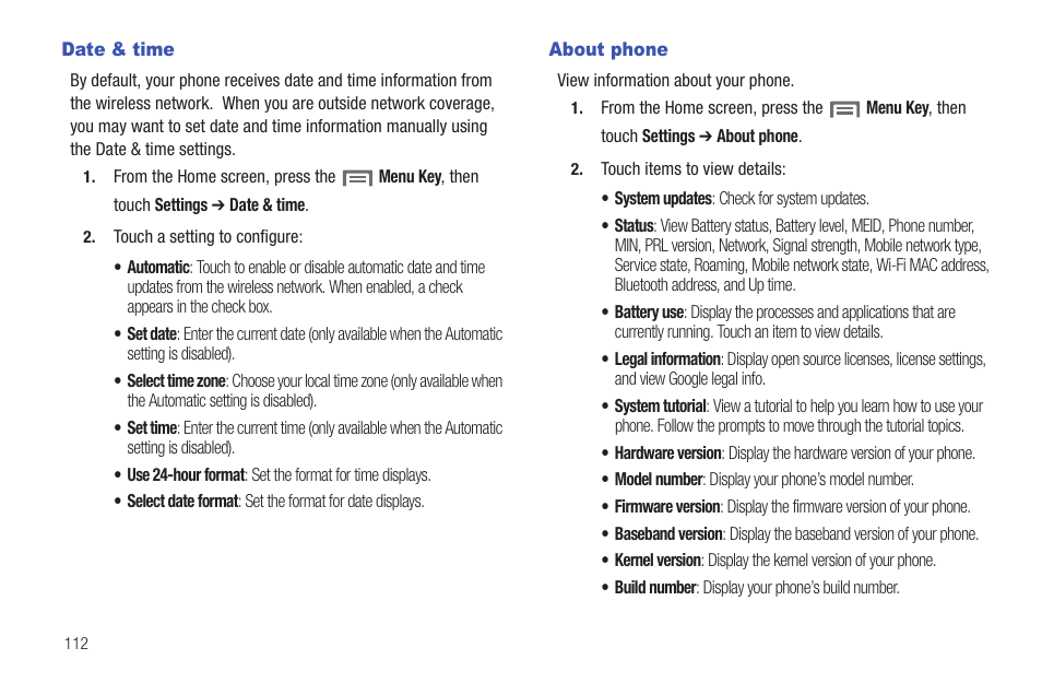 Date & time, About phone, Date & time about phone | Samsung SCH-S720ZKATFN User Manual | Page 116 / 137