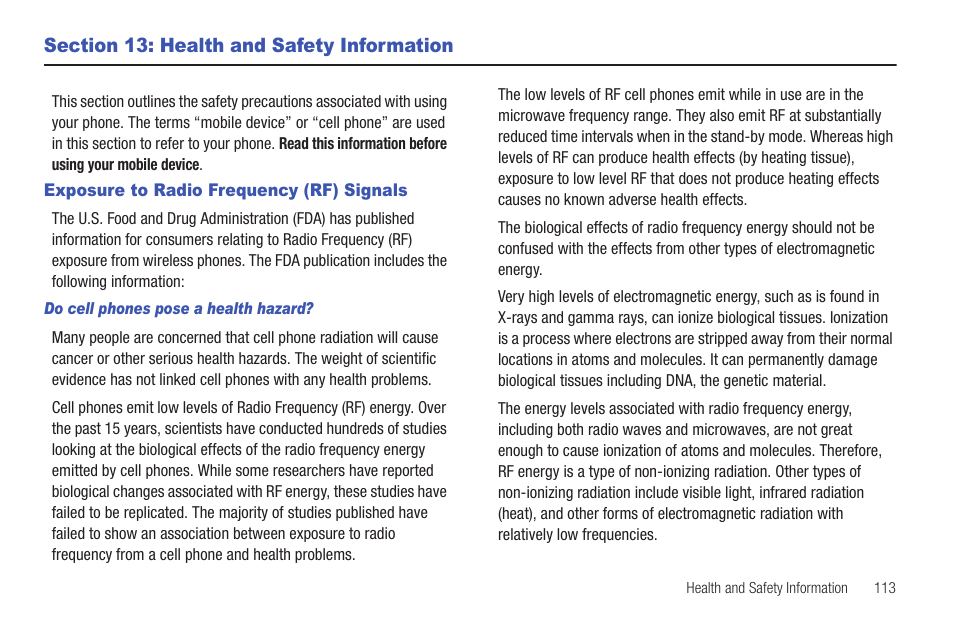 Section 13: health and safety information, Exposure to radio frequency (rf) signals | Samsung SCH-S720ZKATFN User Manual | Page 117 / 137