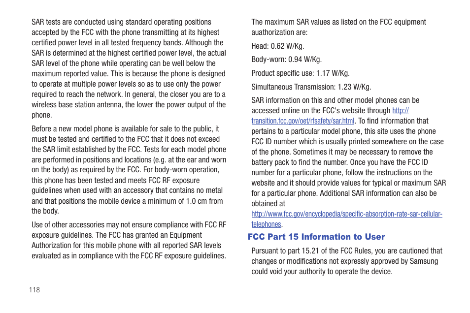 Fcc part 15 information to user | Samsung SCH-S720ZKATFN User Manual | Page 122 / 137