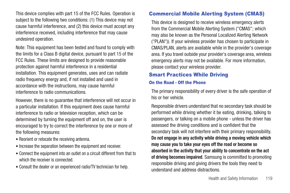 Commercial mobile alerting system (cmas), Smart practices while driving | Samsung SCH-S720ZKATFN User Manual | Page 123 / 137