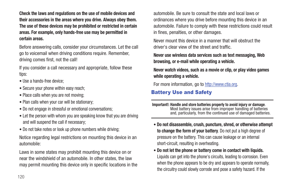 Battery use and safety | Samsung SCH-S720ZKATFN User Manual | Page 124 / 137