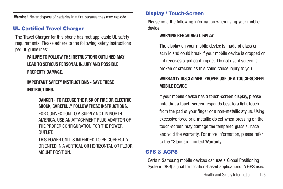 Ul certified travel charger, Display / touch-screen, Gps & agps | Display / touch-screen gps & agps | Samsung SCH-S720ZKATFN User Manual | Page 127 / 137
