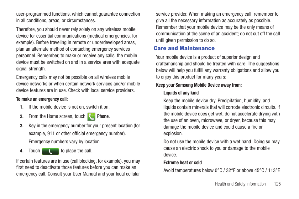 Care and maintenance | Samsung SCH-S720ZKATFN User Manual | Page 129 / 137