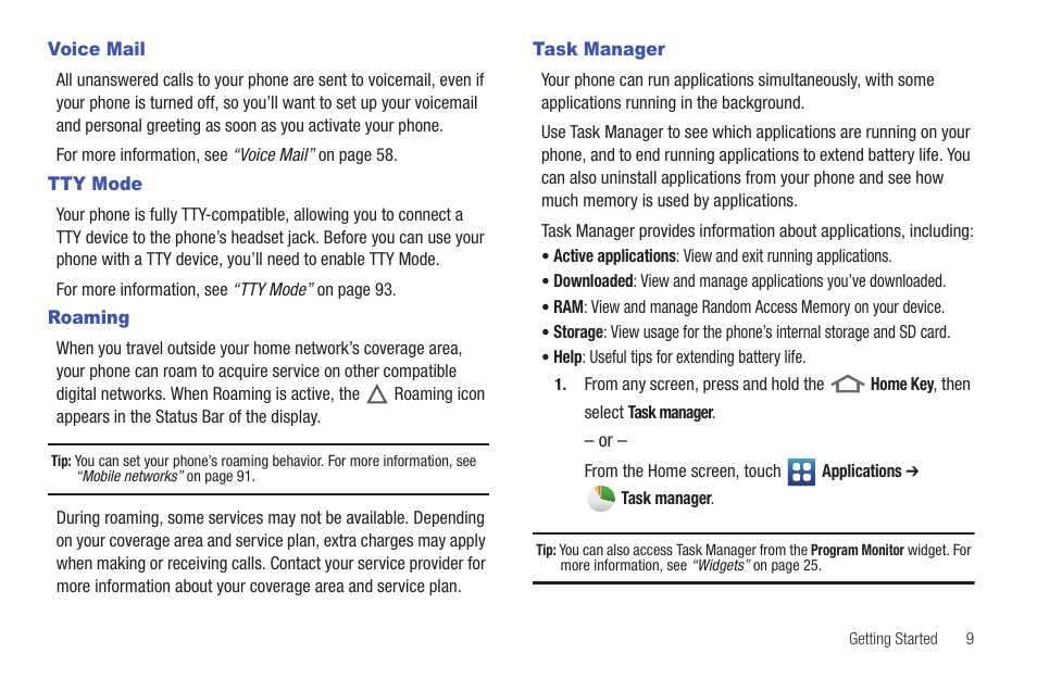Voice mail, Tty mode, Roaming | Task manager, Voice mail tty mode roaming task manager | Samsung SCH-S720ZKATFN User Manual | Page 13 / 137