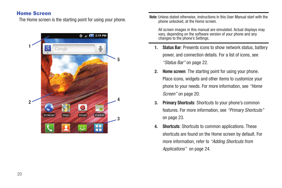Home screen | Samsung SCH-S720ZKATFN User Manual | Page 24 / 137