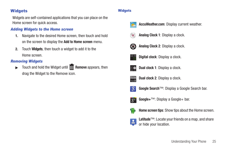 Widgets | Samsung SCH-S720ZKATFN User Manual | Page 29 / 137