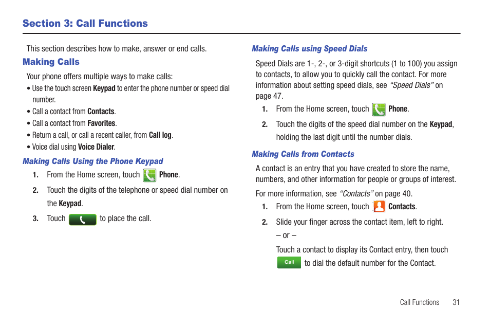 Section 3: call functions, Making calls | Samsung SCH-S720ZKATFN User Manual | Page 35 / 137