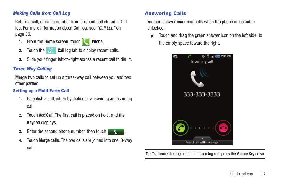 Answering calls | Samsung SCH-S720ZKATFN User Manual | Page 37 / 137