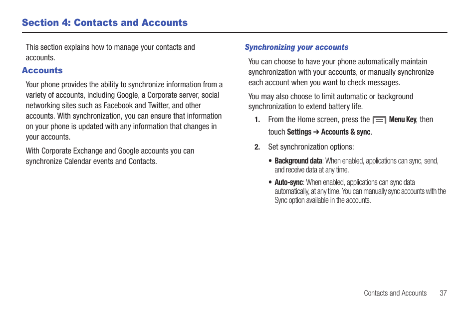 Section 4: contacts and accounts, Accounts | Samsung SCH-S720ZKATFN User Manual | Page 41 / 137