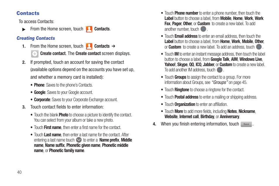 Contacts | Samsung SCH-S720ZKATFN User Manual | Page 44 / 137