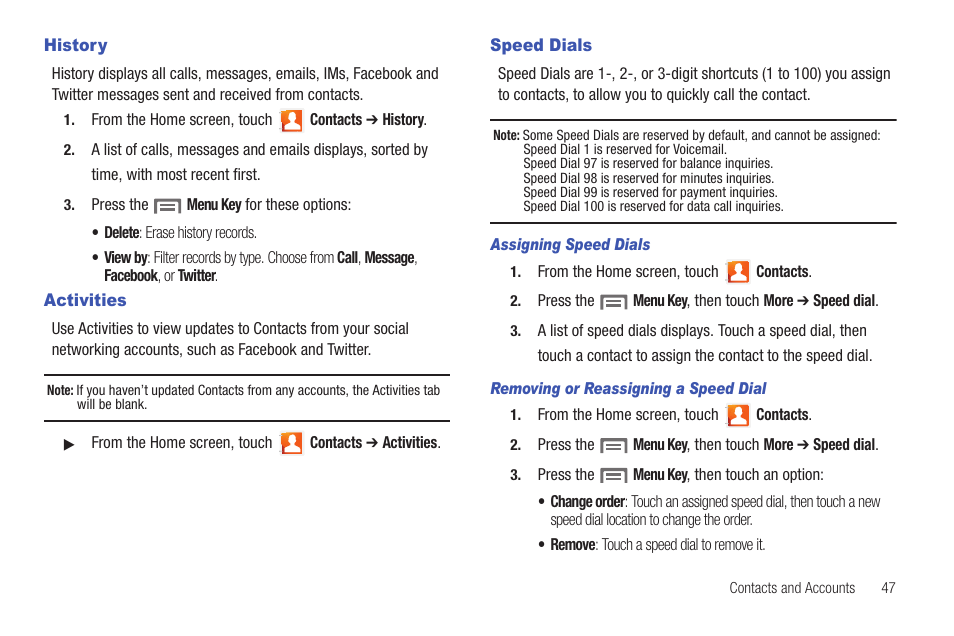 History, Activities, Speed dials | History activities speed dials | Samsung SCH-S720ZKATFN User Manual | Page 51 / 137