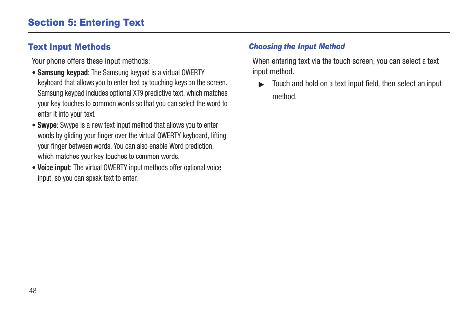 Section 5: entering text, Text input methods | Samsung SCH-S720ZKATFN User Manual | Page 52 / 137