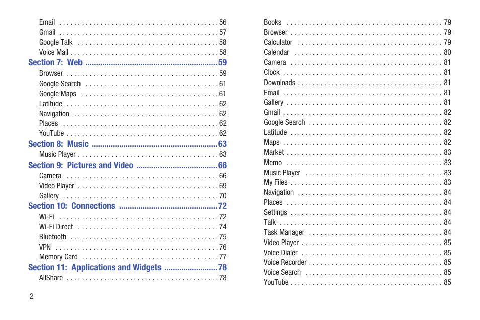 Section 7: web 59, Section 8: music 63, Section 9: pictures and video 66 | Section 10: connections 72, Section 11: applications and widgets 78 | Samsung SCH-S720ZKATFN User Manual | Page 6 / 137