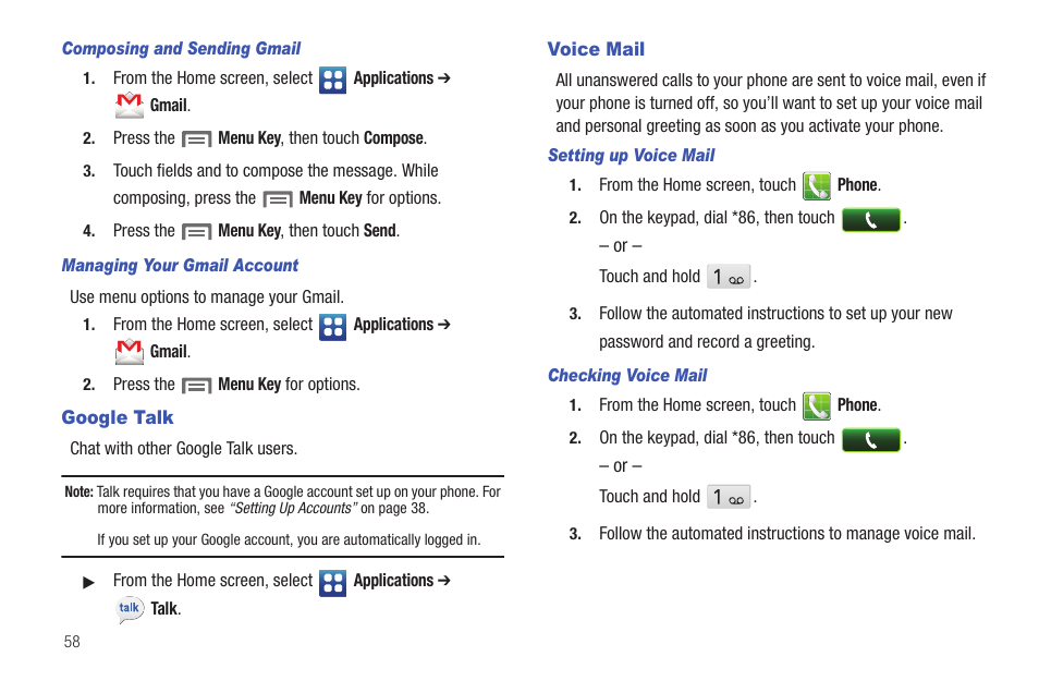 Google talk, Voice mail, Google talk voice mail | Samsung SCH-S720ZKATFN User Manual | Page 62 / 137