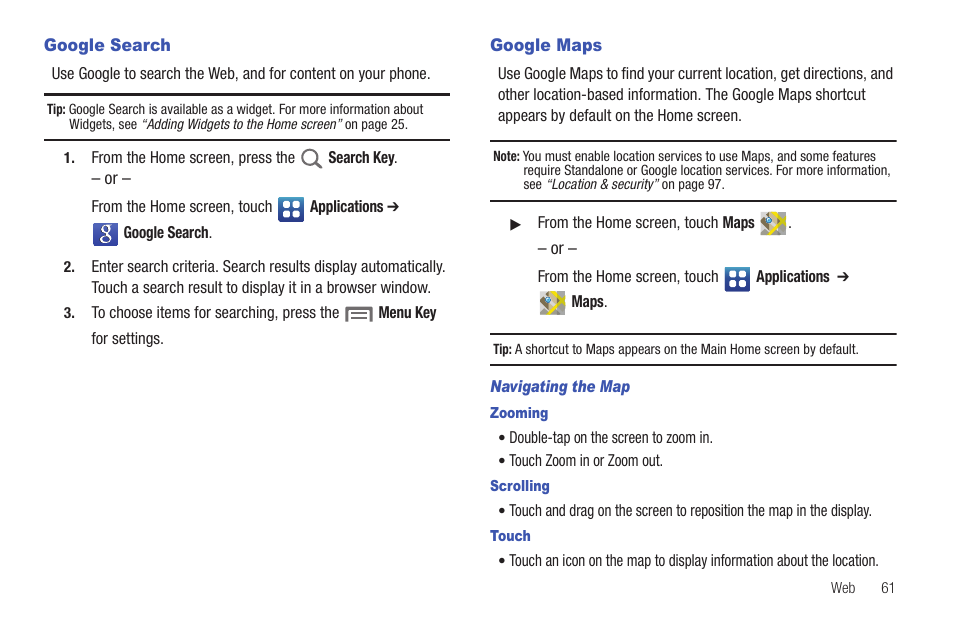 Google search, Google maps, Google search google maps | Samsung SCH-S720ZKATFN User Manual | Page 65 / 137