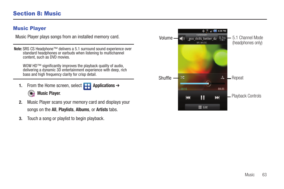 Section 8: music, Music player | Samsung SCH-S720ZKATFN User Manual | Page 67 / 137